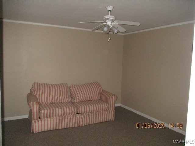 unfurnished room with dark carpet, ceiling fan, and crown molding