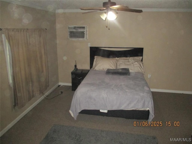 carpeted bedroom with a wall mounted AC, ornamental molding, and ceiling fan