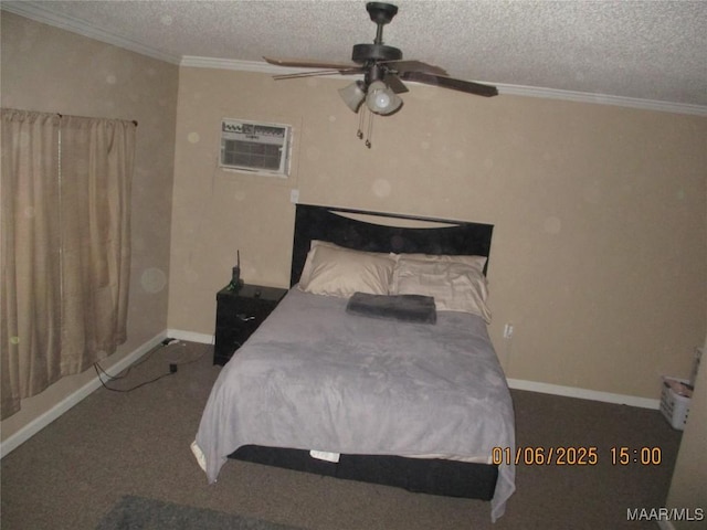 bedroom with a wall unit AC, ceiling fan, a textured ceiling, and dark colored carpet