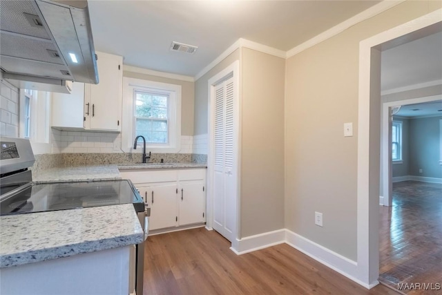 kitchen with stainless steel range with electric cooktop, sink, decorative backsplash, range hood, and white cabinetry