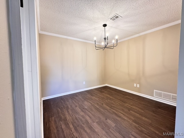 unfurnished dining area featuring crown molding, dark hardwood / wood-style flooring, a chandelier, and a textured ceiling