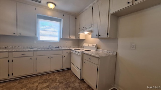 kitchen featuring white range with electric stovetop, light stone countertops, sink, and white cabinets