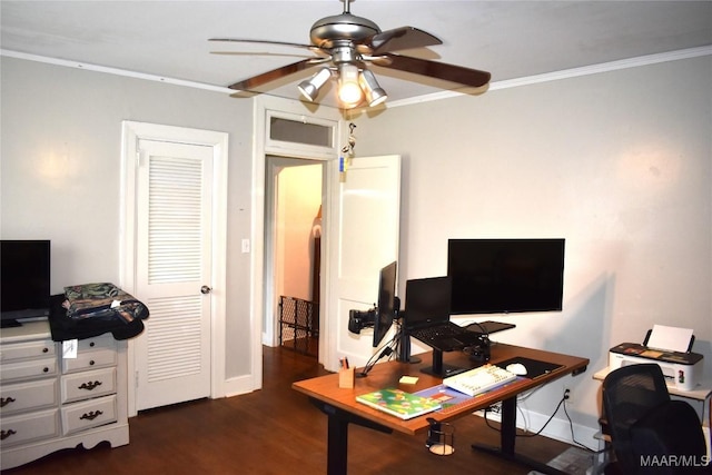 office space with dark hardwood / wood-style flooring, ceiling fan, and ornamental molding