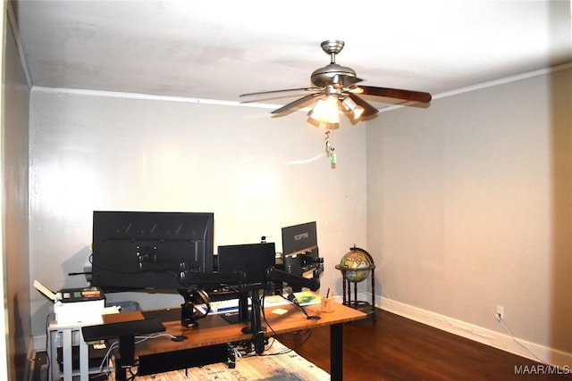 office space featuring hardwood / wood-style floors, ceiling fan, and ornamental molding