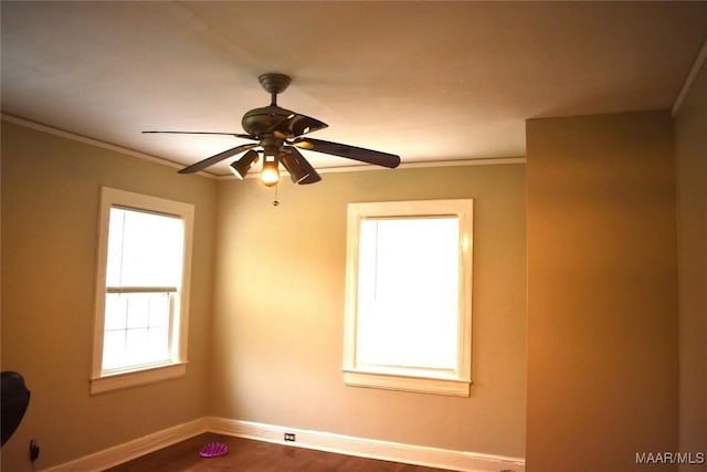 spare room with crown molding, ceiling fan, and wood-type flooring