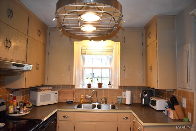 kitchen with sink, black dishwasher, tasteful backsplash, stove, and exhaust hood