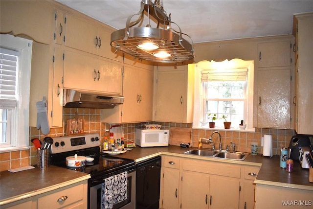 kitchen featuring electric range, sink, black dishwasher, tasteful backsplash, and exhaust hood