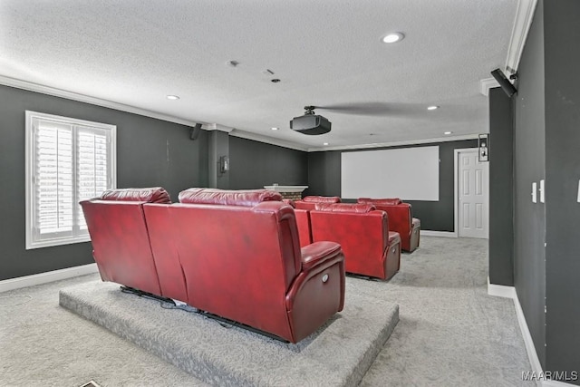 cinema with light carpet, a textured ceiling, and ornamental molding