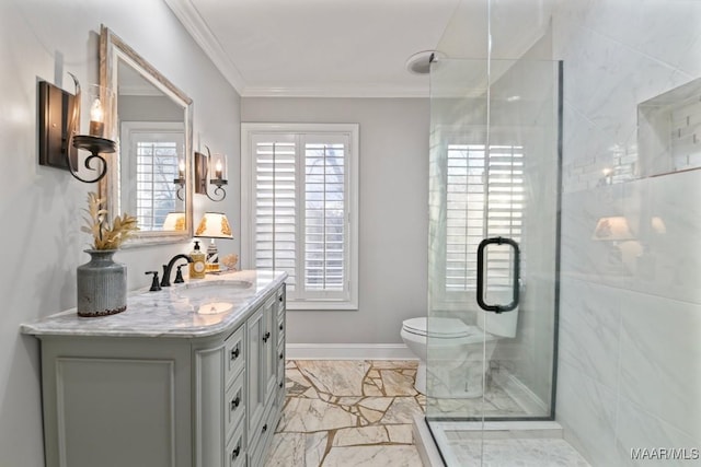 bathroom featuring toilet, vanity, an enclosed shower, and ornamental molding