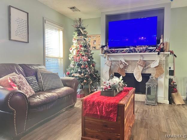 living room featuring a textured ceiling and hardwood / wood-style flooring