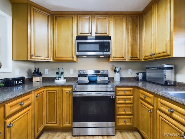 kitchen with light wood-type flooring and appliances with stainless steel finishes