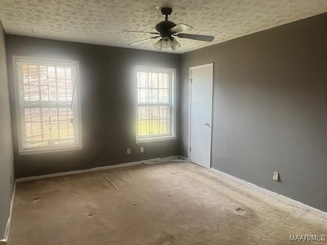 carpeted spare room featuring ceiling fan and a textured ceiling