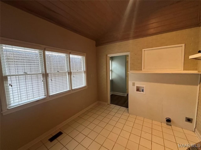 washroom featuring hookup for a washing machine, light tile patterned floors, wood ceiling, and hookup for an electric dryer