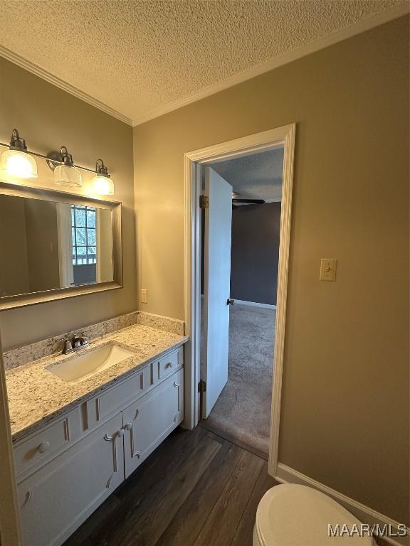 bathroom with vanity, a textured ceiling, hardwood / wood-style flooring, and toilet