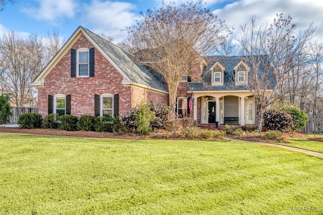 new england style home with a porch and a front yard