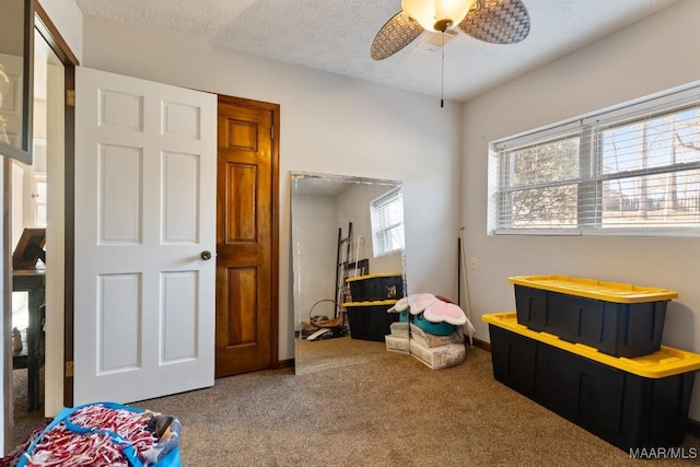 recreation room with carpet floors, ceiling fan, and a textured ceiling