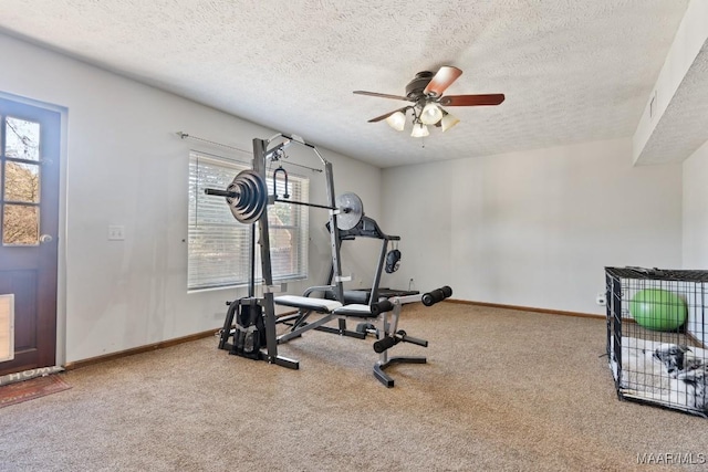 workout area featuring carpet floors, ceiling fan, and a textured ceiling