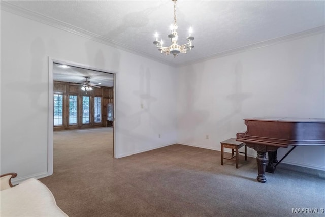 misc room featuring carpet flooring, ceiling fan with notable chandelier, and crown molding