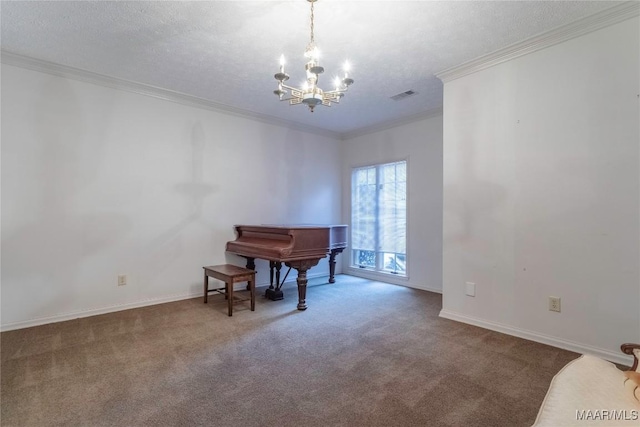 miscellaneous room featuring a textured ceiling, carpet floors, crown molding, and a notable chandelier