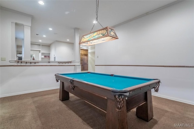 game room with pool table, carpet, and ornamental molding