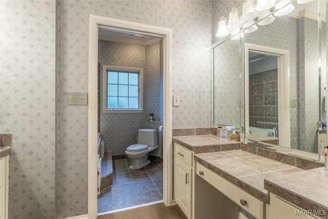 bathroom featuring tile patterned flooring, a notable chandelier, toilet, and vanity