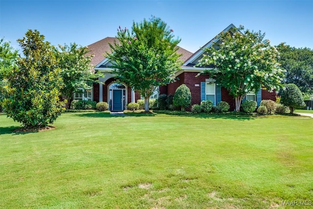 obstructed view of property with a front lawn