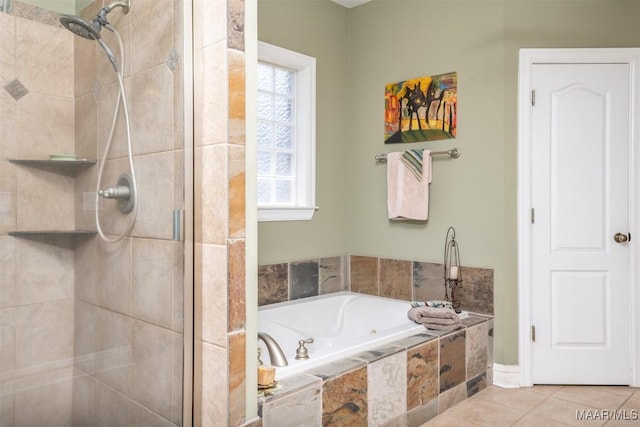 bathroom with tile patterned flooring and plus walk in shower