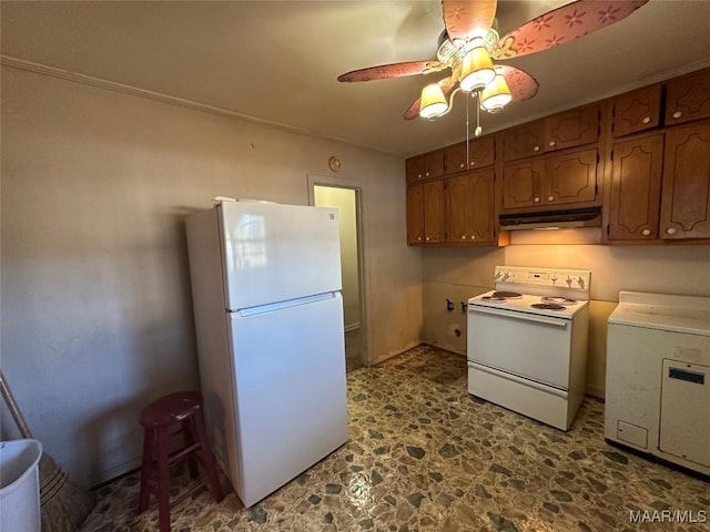 kitchen with ceiling fan and white appliances