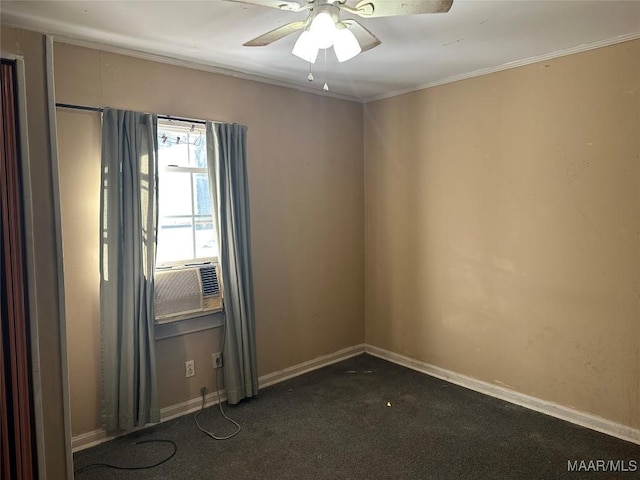 unfurnished room with cooling unit, dark carpet, ceiling fan, and crown molding