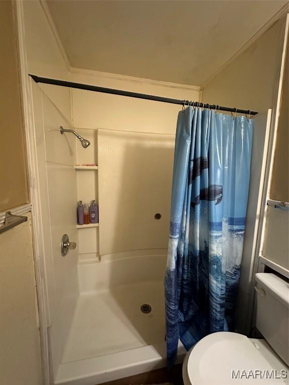 bathroom with curtained shower and toilet