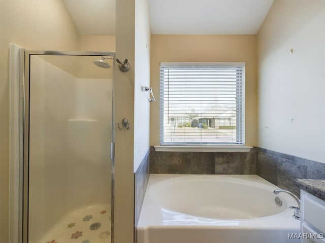 bathroom featuring vanity and plus walk in shower