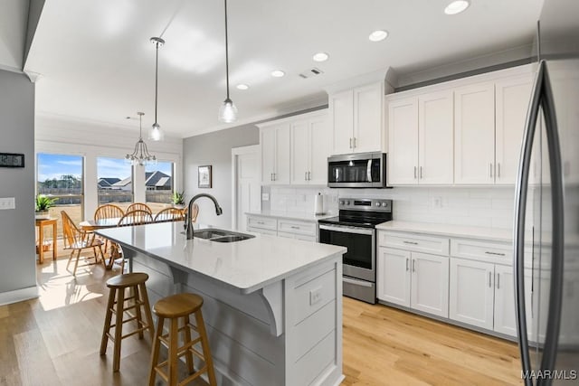 kitchen featuring appliances with stainless steel finishes, a kitchen island with sink, sink, pendant lighting, and white cabinets