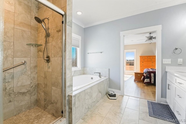 bathroom with crown molding, plenty of natural light, and plus walk in shower