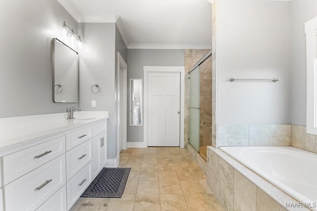 bathroom featuring shower with separate bathtub, vanity, and crown molding