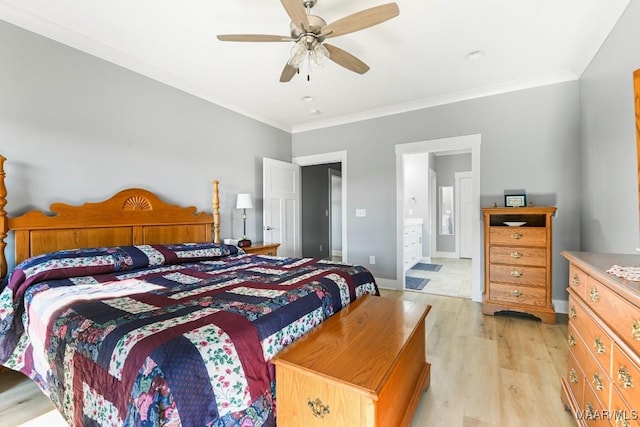 bedroom featuring ensuite bath, ceiling fan, crown molding, and light hardwood / wood-style floors