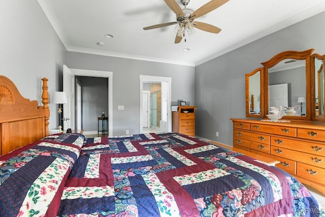 bedroom featuring ceiling fan and ornamental molding