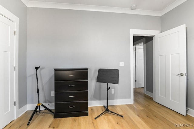 office space featuring light hardwood / wood-style flooring and crown molding