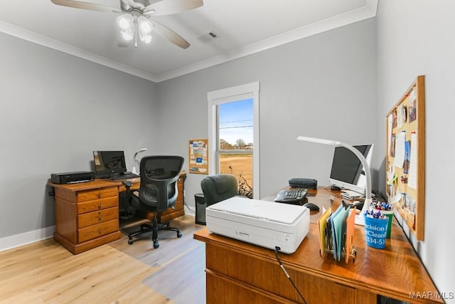 office featuring ceiling fan, crown molding, and light wood-type flooring