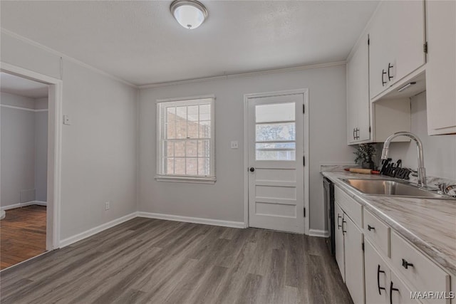 kitchen featuring crown molding, light wood-type flooring, white cabinetry, and sink