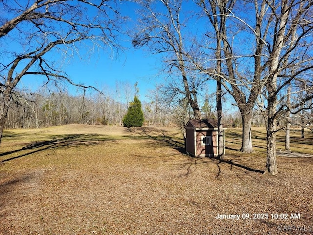 view of yard featuring a storage shed and an outdoor structure