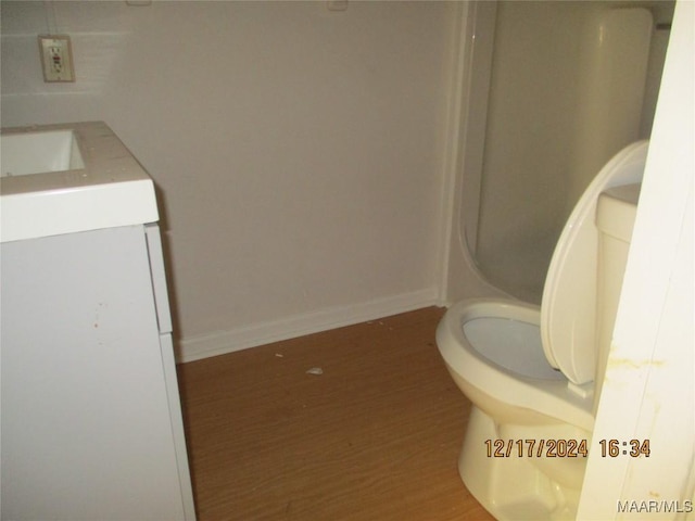 bathroom with vanity, wood-type flooring, and toilet