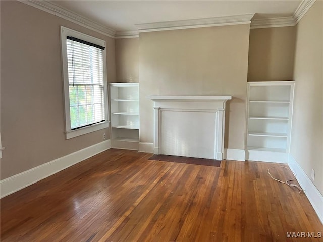 unfurnished living room with crown molding, plenty of natural light, and dark wood-type flooring