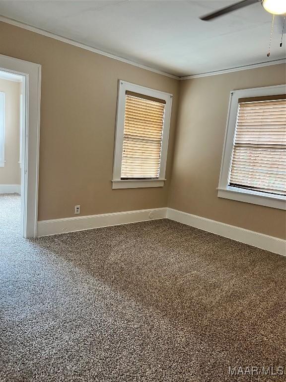 empty room featuring ceiling fan and ornamental molding