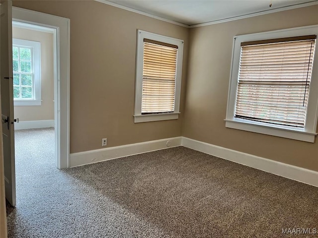 carpeted spare room with crown molding