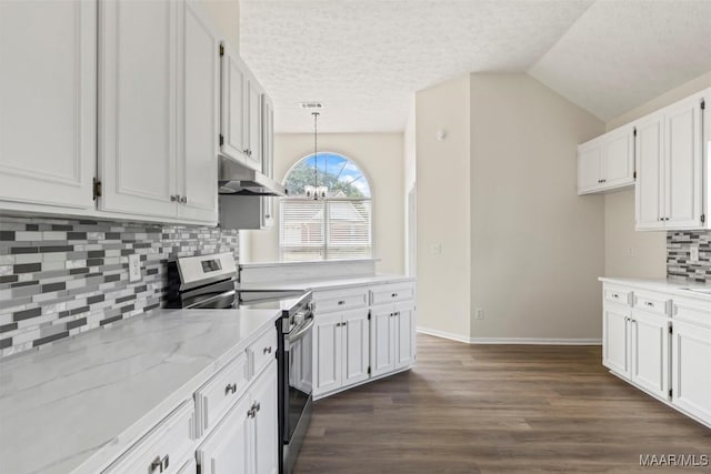 kitchen featuring vaulted ceiling, white cabinets, decorative light fixtures, and stainless steel range with electric stovetop