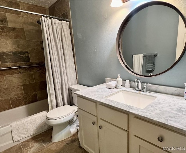 full bathroom with vanity, toilet, and shower / bathtub combination with curtain