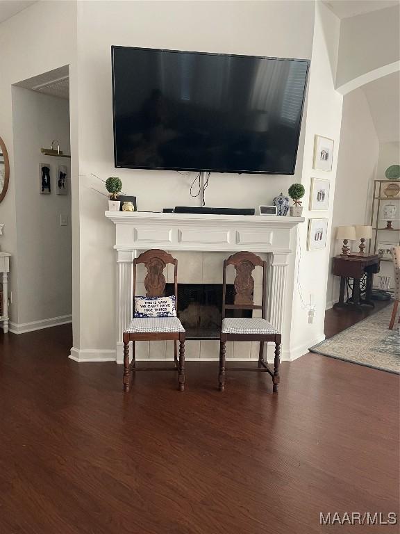 miscellaneous room featuring a fireplace and dark hardwood / wood-style flooring