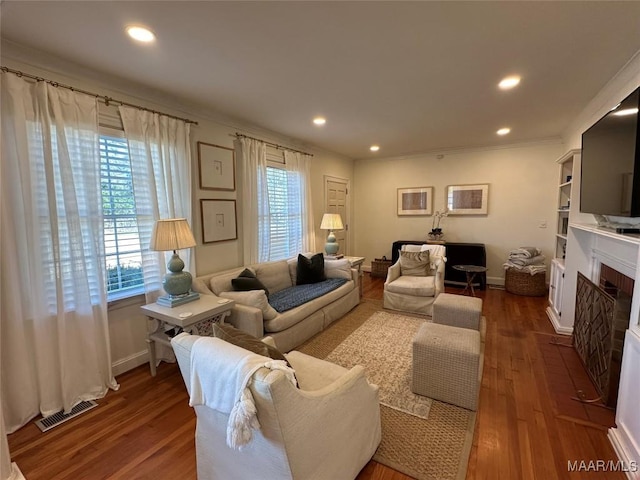 living room with dark wood-type flooring