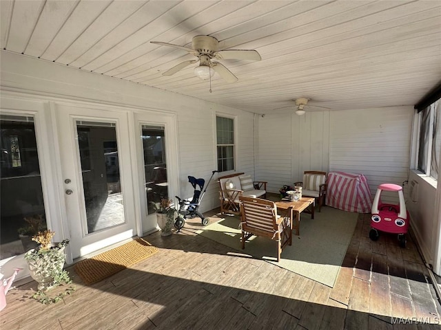 sunroom / solarium featuring ceiling fan and wooden ceiling