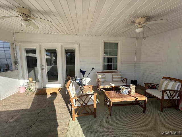 view of patio featuring ceiling fan and an outdoor hangout area